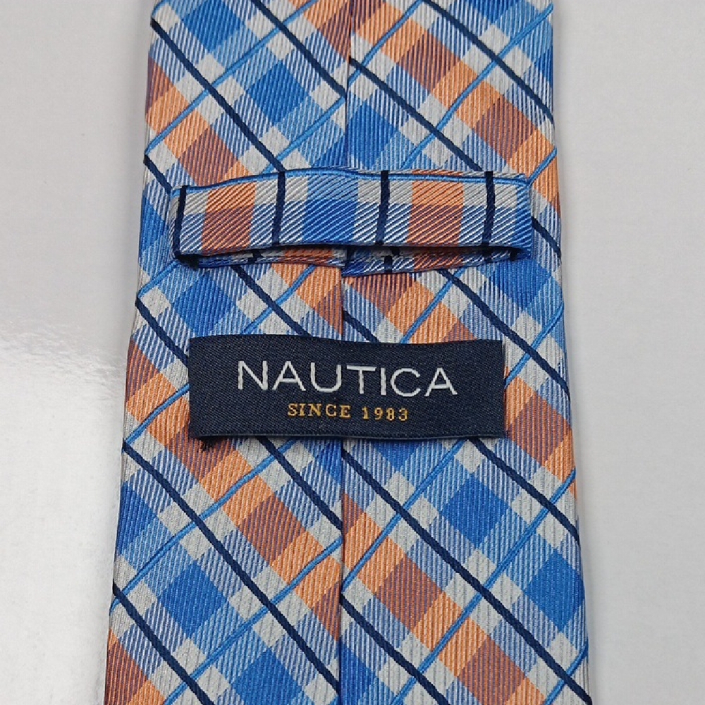 Nautica Blue and Orange Plaid‎ Men's Silk Tie - Picture 2 of 5